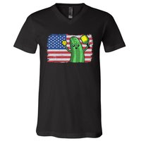 Pickleball US American Flag Pickle With Paddle Pickle Ball V-Neck T-Shirt