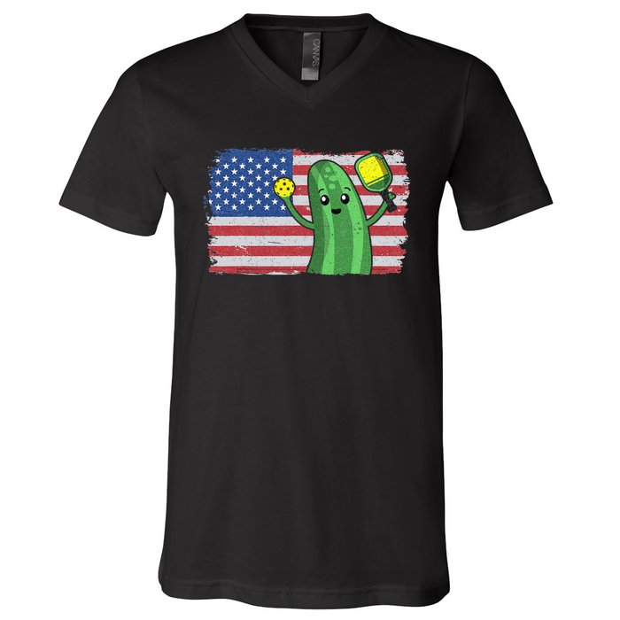 Pickleball US American Flag Pickle With Paddle Pickle Ball V-Neck T-Shirt