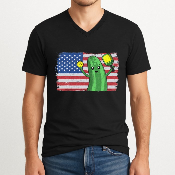 Pickleball US American Flag Pickle With Paddle Pickle Ball V-Neck T-Shirt