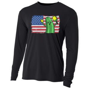 Pickleball US American Flag Pickle With Paddle Pickle Ball Cooling Performance Long Sleeve Crew