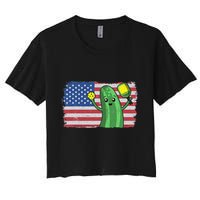 Pickleball US American Flag Pickle With Paddle Pickle Ball Women's Crop Top Tee