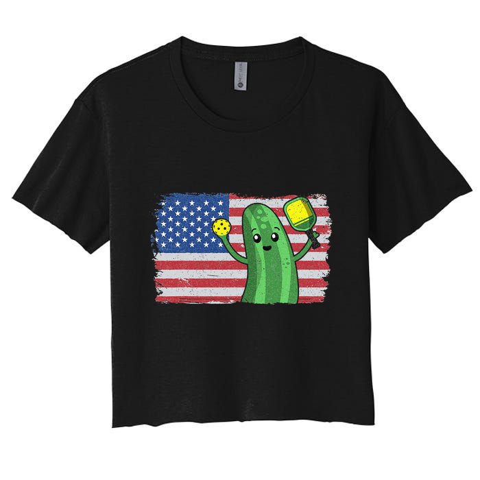 Pickleball US American Flag Pickle With Paddle Pickle Ball Women's Crop Top Tee