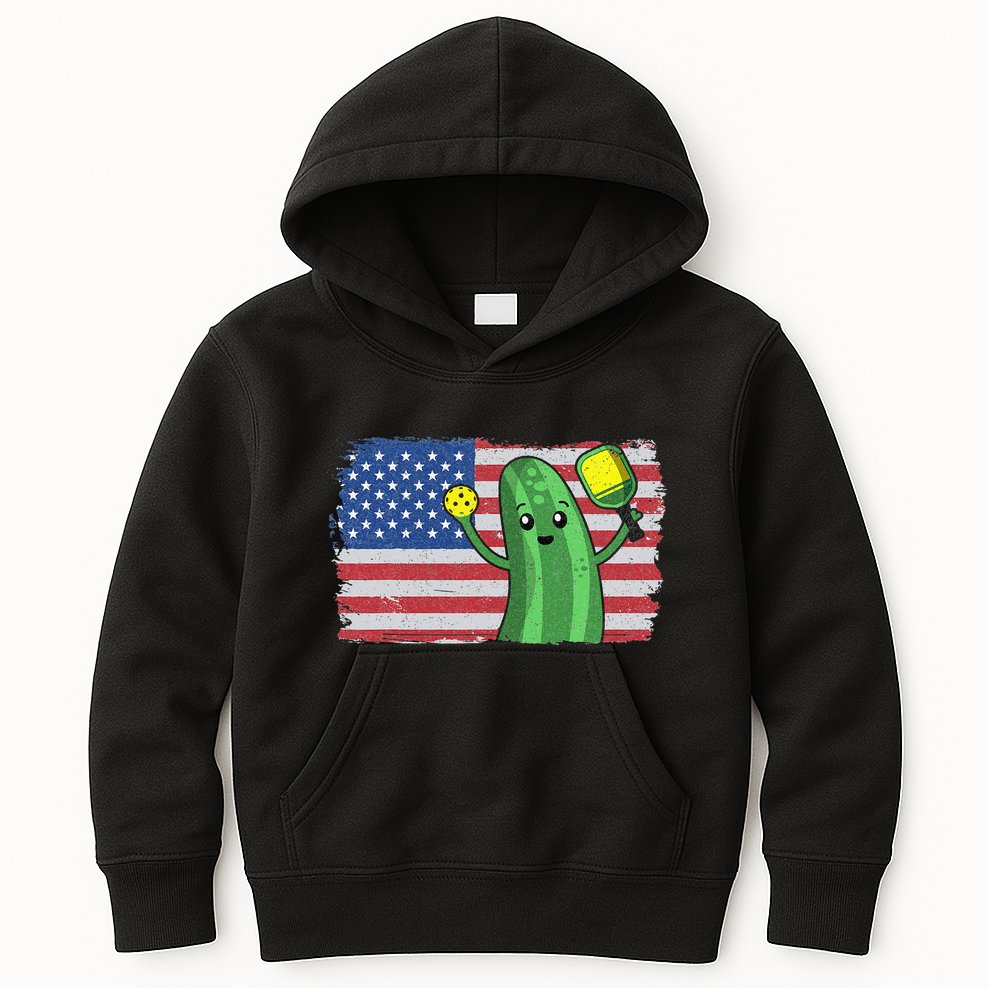 Pickleball US American Flag Pickle With Paddle Pickle Ball Kids Hoodie