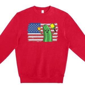 Pickleball US American Flag Pickle With Paddle Pickle Ball Premium Crewneck Sweatshirt