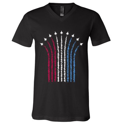 Patriotic Usa American Red White Blue Flag Jets 4th Of July Gift V-Neck T-Shirt