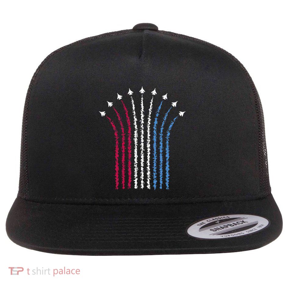 Patriotic Usa American Red White Blue Flag Jets 4th Of July Gift Flatbill Hat