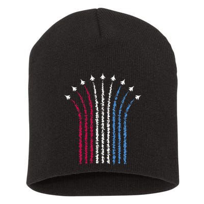 Patriotic Usa American Red White Blue Flag Jets 4th Of July Gift Short Acrylic Beanie