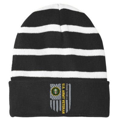 Proud US Army Veteran American Flag Striped Beanie with Solid Band