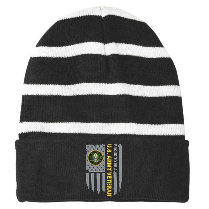 Proud US Army Veteran American Flag Striped Beanie with Solid Band