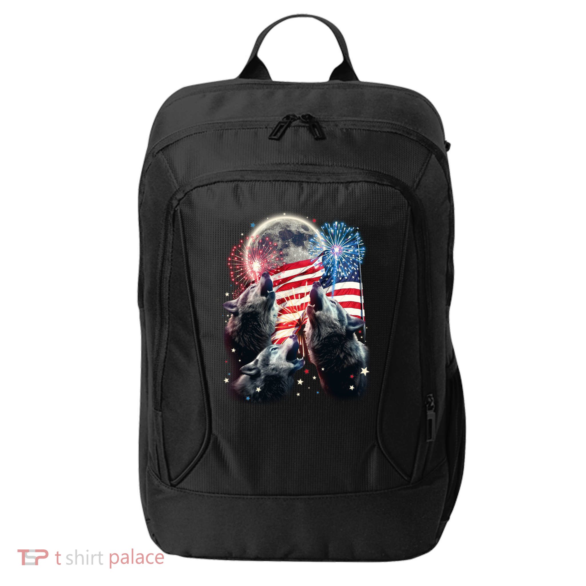 Patriotic Usa American Flag Three Wolves Moon City Backpack