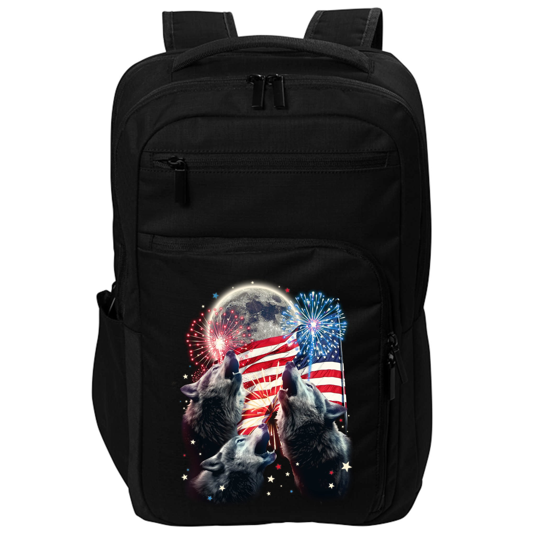 Patriotic Usa American Flag Three Wolves Moon Impact Tech Backpack