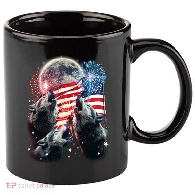 Patriotic Usa American Flag Three Wolves Moon 11oz C Handle Ceramic Mug