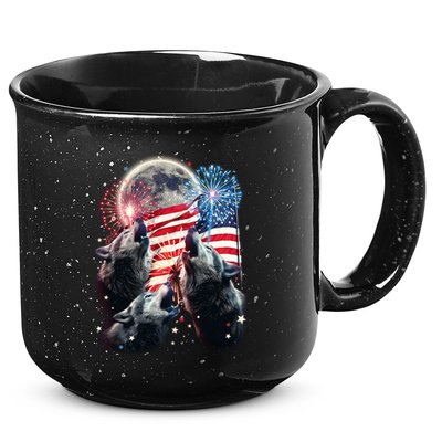Patriotic Usa American Flag Three Wolves Moon 15oz Campfire Ceramic Mug