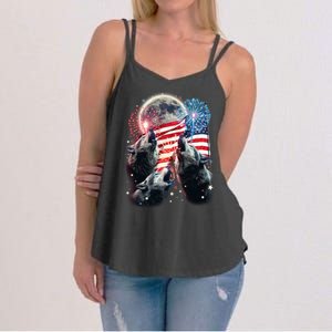 Patriotic Usa American Flag Three Wolves Moon Women's Strappy Tank