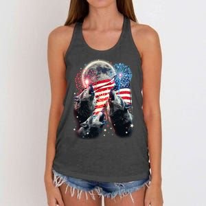 Patriotic Usa American Flag Three Wolves Moon Women's Knotted Racerback Tank