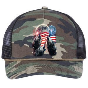 Patriotic Usa American Flag Three Wolves Moon Retro Rope Trucker Hat Cap