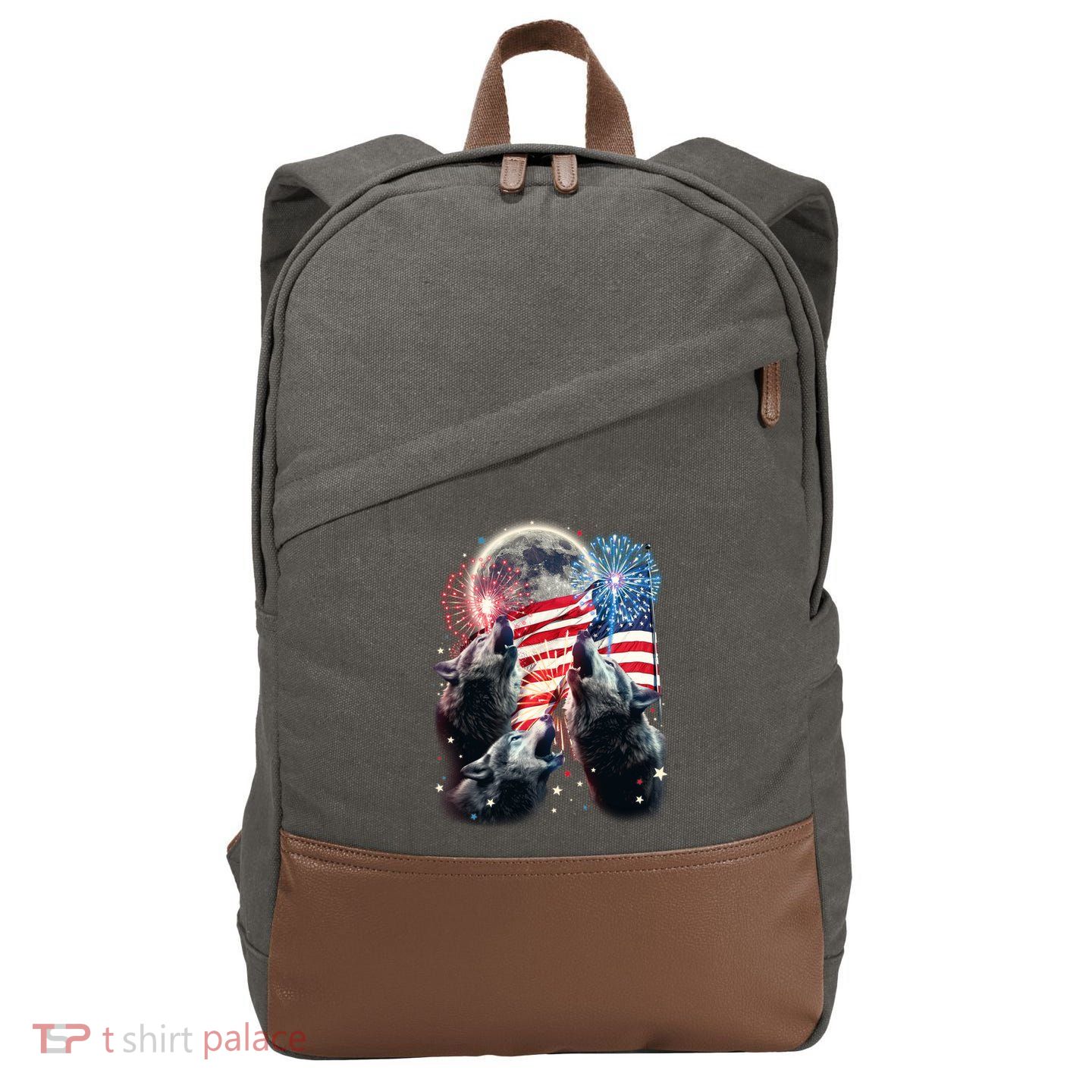 Patriotic Usa American Flag Three Wolves Moon Cotton Canvas Backpack