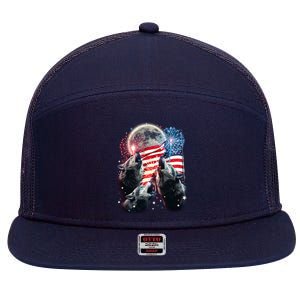 Patriotic Usa American Flag Three Wolves Moon 7 Panel Mesh Trucker Snapback Hat