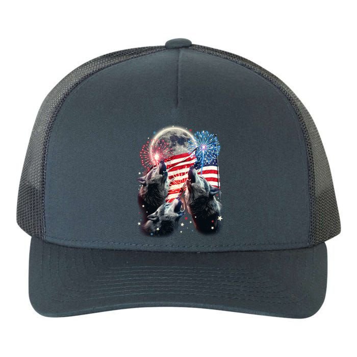 Patriotic Usa American Flag Three Wolves Moon Yupoong Adult 5-Panel Trucker Hat