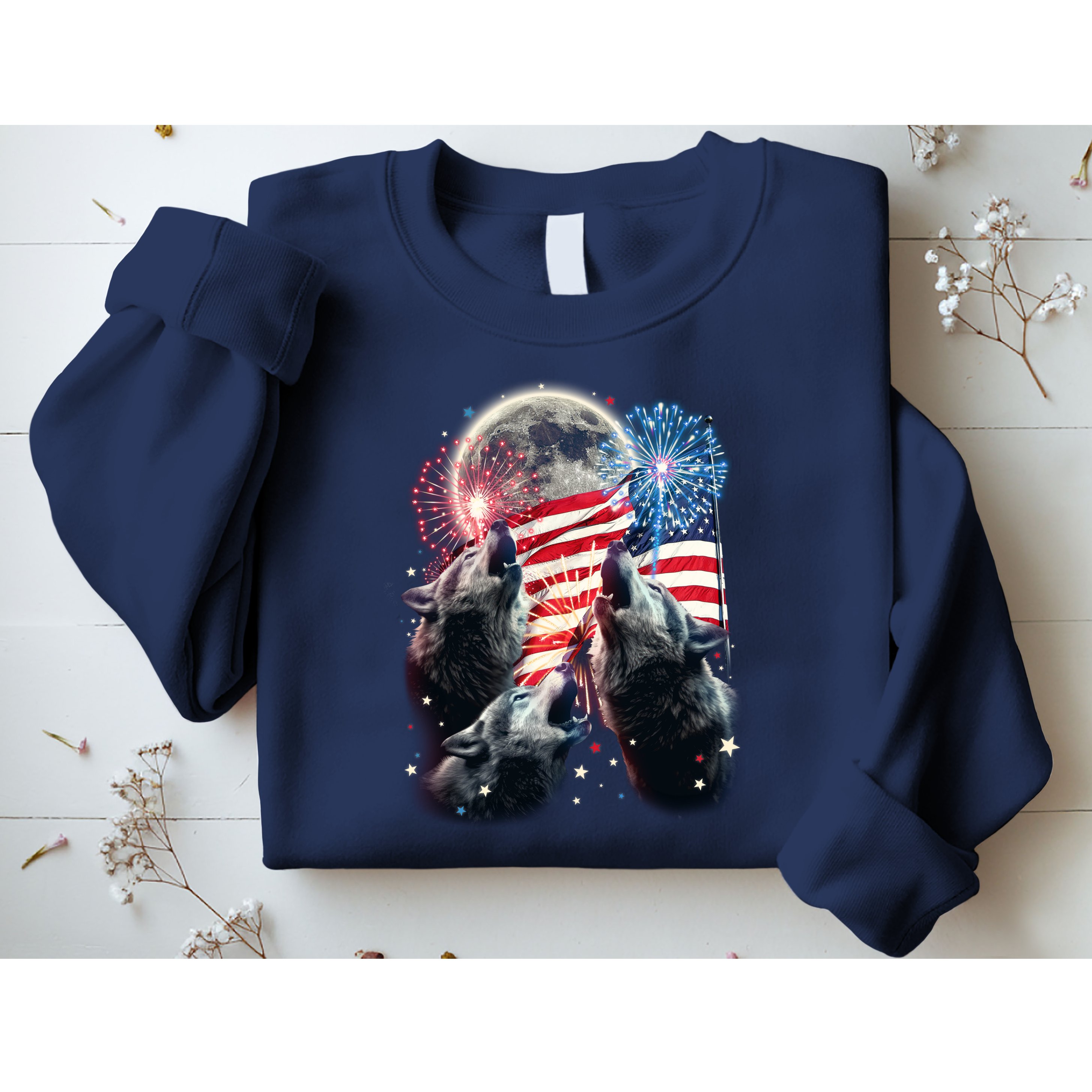 Patriotic Usa American Flag Three Wolves Moon Sweatshirt