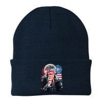 Patriotic Usa American Flag Three Wolves Moon Knit Cap Winter Beanie