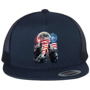 Patriotic Usa American Flag Three Wolves Moon Flat Bill Trucker Hat