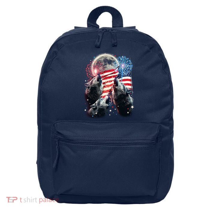 Patriotic Usa American Flag Three Wolves Moon 16 in Basic Backpack