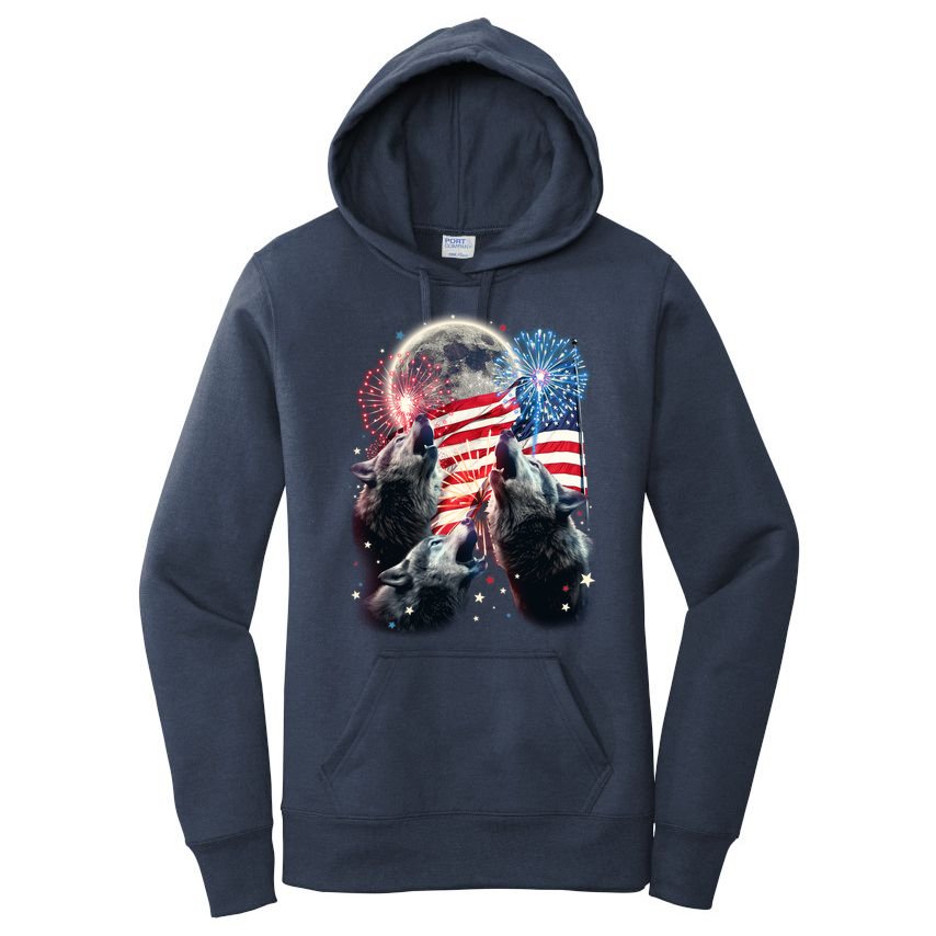 Patriotic Usa American Flag Three Wolves Moon Women's Pullover Hoodie