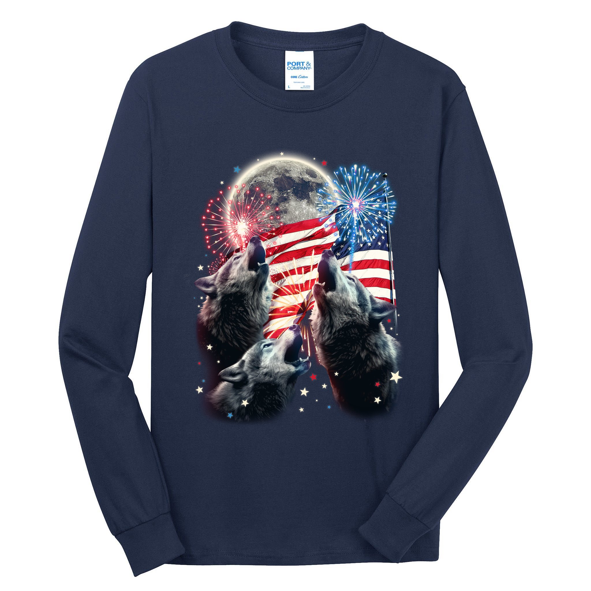 Patriotic Usa American Flag Three Wolves Moon Tall Long Sleeve T-Shirt