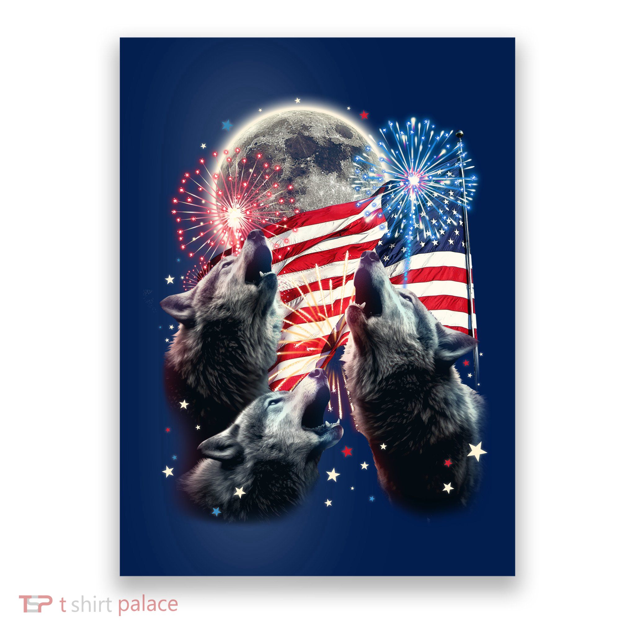 Patriotic Usa American Flag Three Wolves Moon Poster