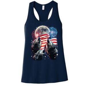 Patriotic Usa American Flag Three Wolves Moon Women's Racerback Tank