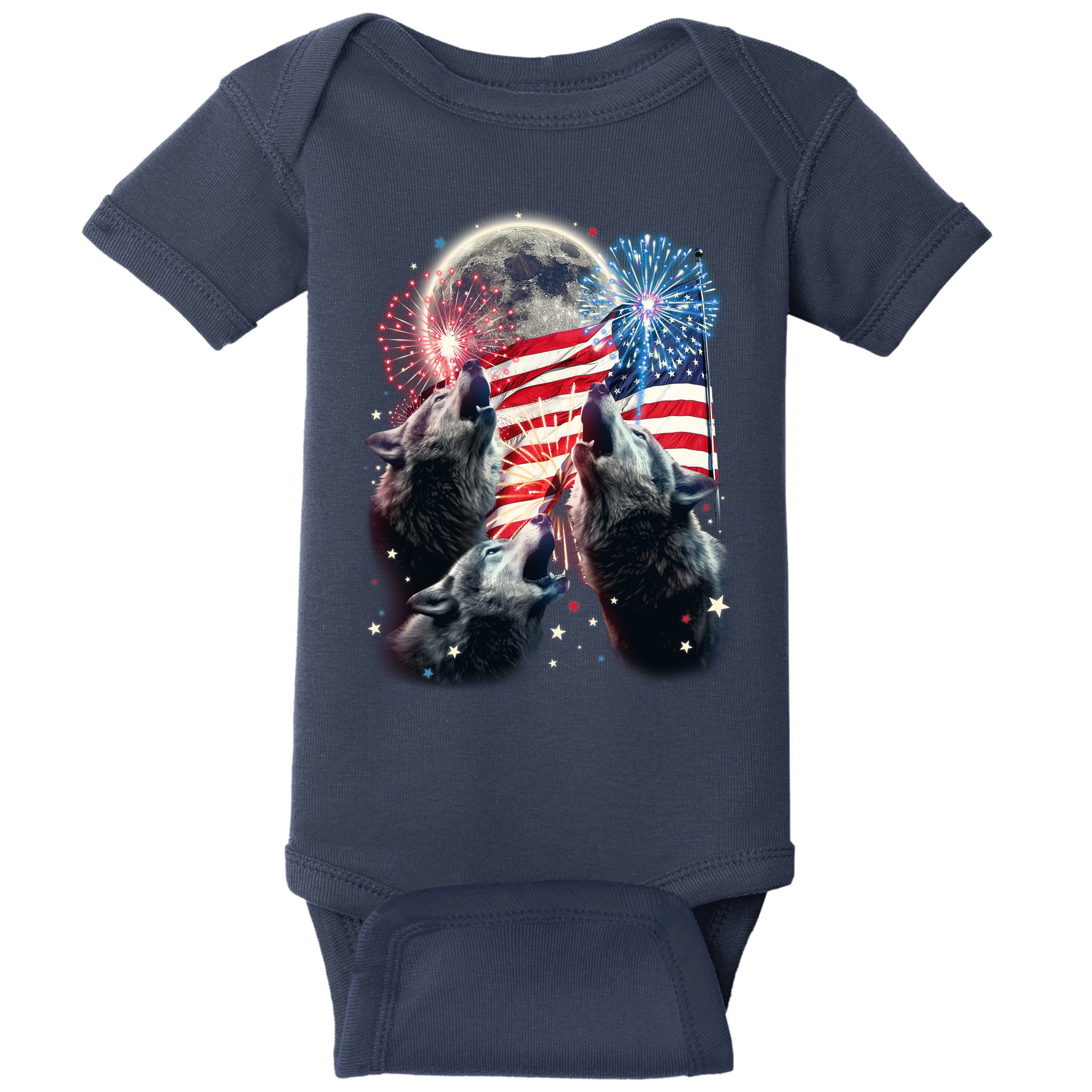 Patriotic Usa American Flag Three Wolves Moon Baby Bodysuit
