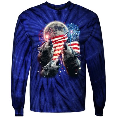 Patriotic Usa American Flag Three Wolves Moon Tie-Dye Long Sleeve Shirt