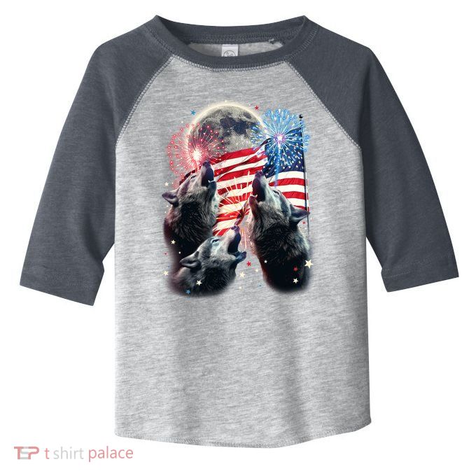 Patriotic Usa American Flag Three Wolves Moon Toddler Fine Jersey T-Shirt