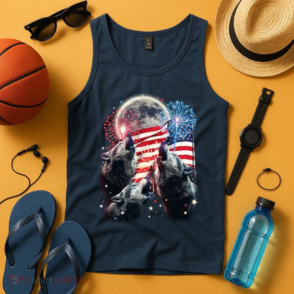 Patriotic Usa American Flag Three Wolves Moon Tank Top