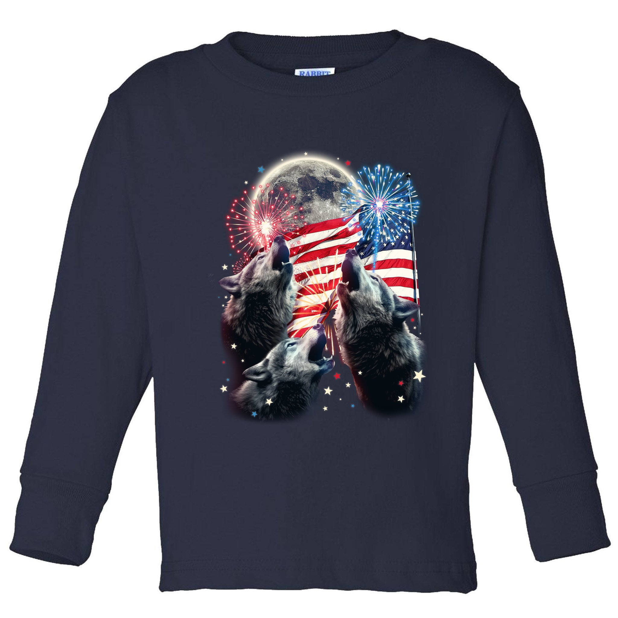 Patriotic Usa American Flag Three Wolves Moon Toddler Long Sleeve Shirt