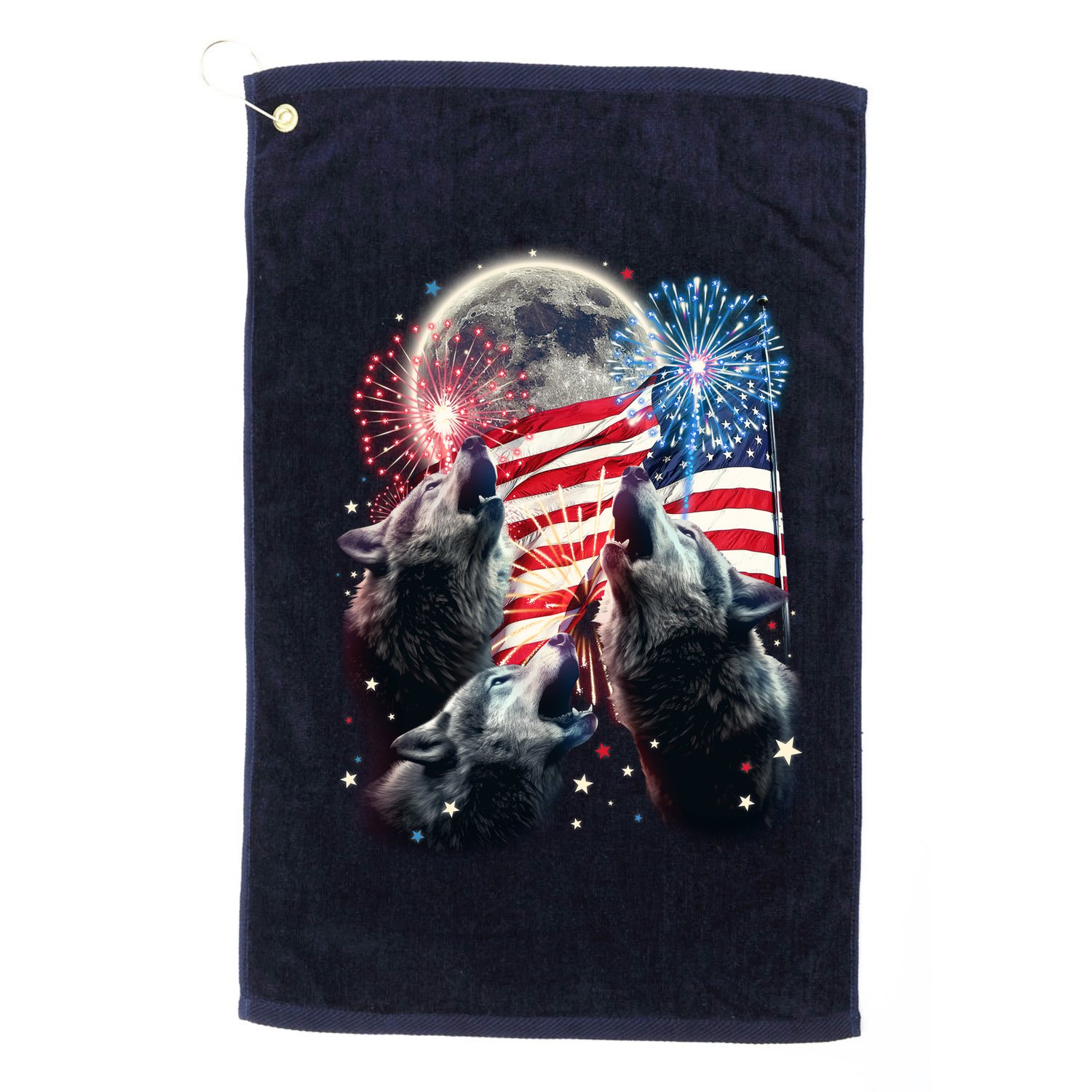 Patriotic Usa American Flag Three Wolves Moon Golf Towel