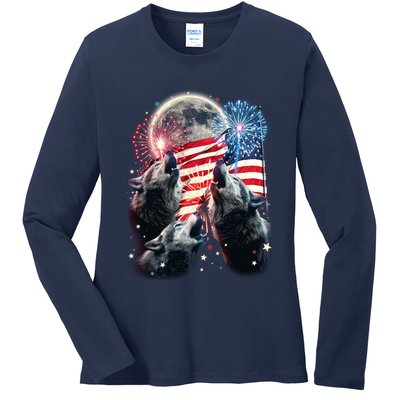 Patriotic Usa American Flag Three Wolves Moon Ladies Long Sleeve Shirt