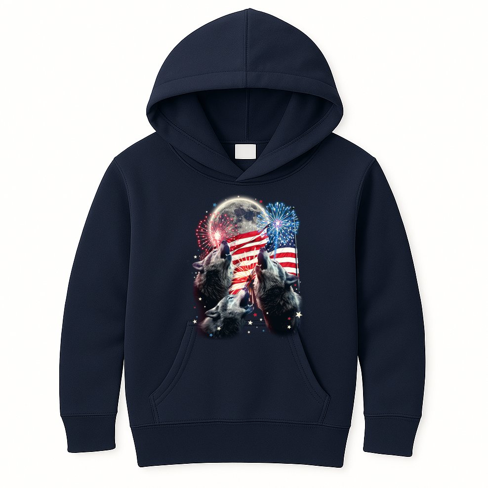Patriotic Usa American Flag Three Wolves Moon Kids Hoodie