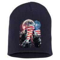 Patriotic Usa American Flag Three Wolves Moon Short Acrylic Beanie