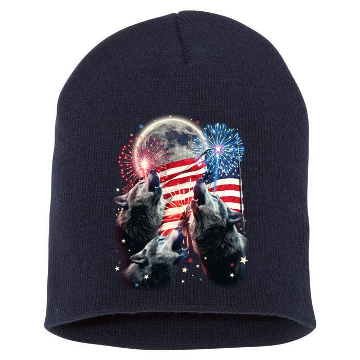 Patriotic Usa American Flag Three Wolves Moon Short Acrylic Beanie