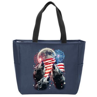 Patriotic Usa American Flag Three Wolves Moon Zip Tote Bag