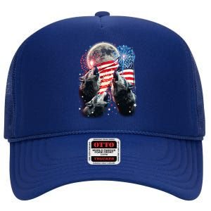 Patriotic Usa American Flag Three Wolves Moon High Crown Mesh Back Trucker Hat