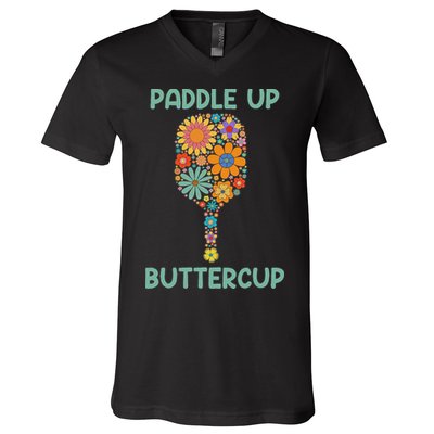 Paddle Up Buttercup Floral Pickleball Paddle V-Neck T-Shirt