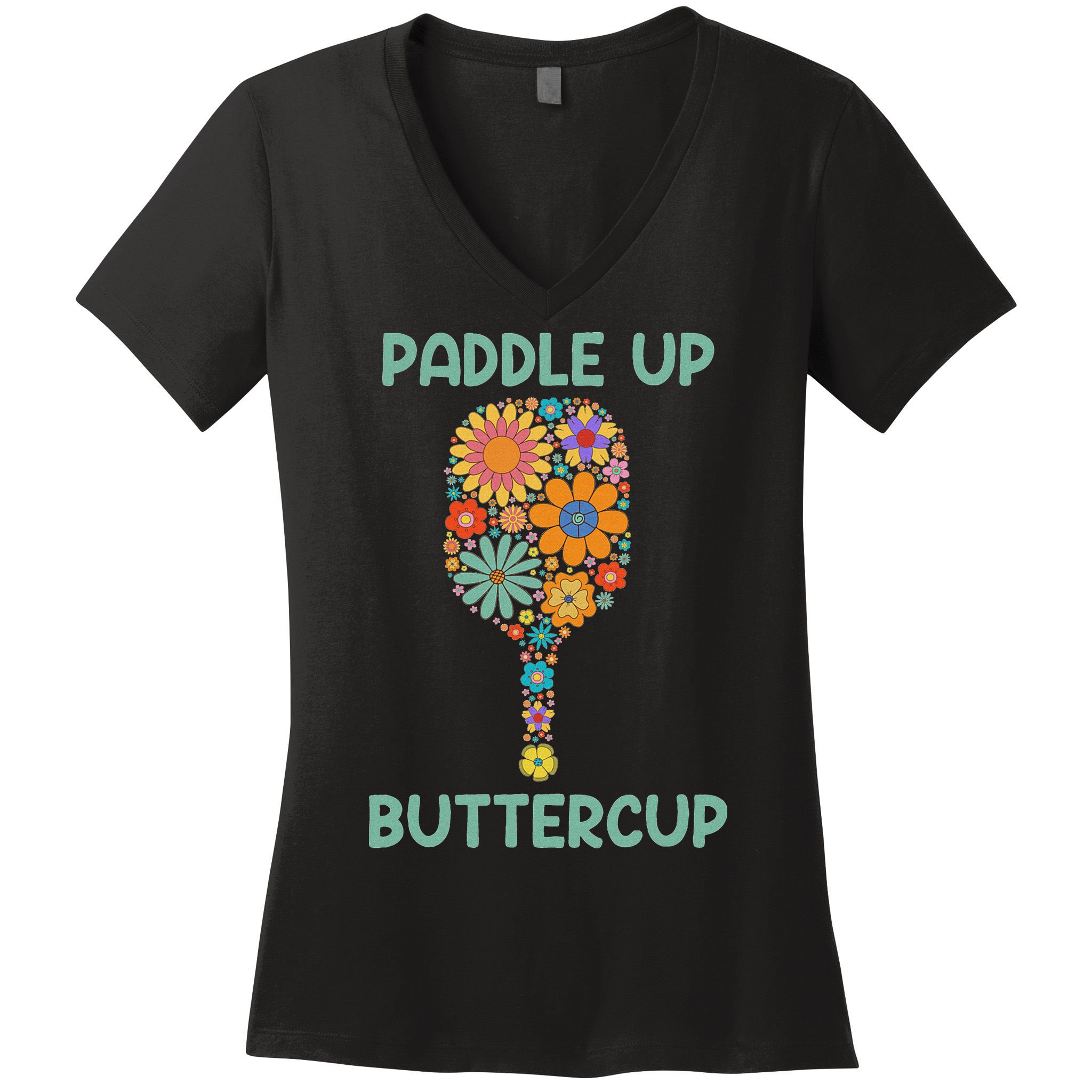 Paddle Up Buttercup Floral Pickleball Paddle Women's V-Neck T-Shirt
