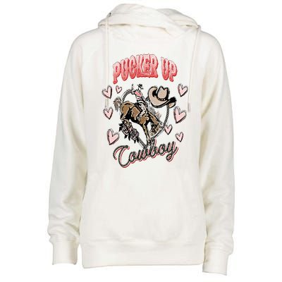 Pucker Up Cowboy Retro Groovy Howdy Valentines Cowboy Hat Womens Funnel Neck Pullover Hood