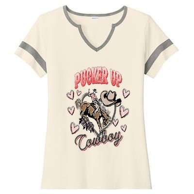 Pucker Up Cowboy Retro Groovy Howdy Valentines Cowboy Hat Ladies Halftime Notch Neck Tee