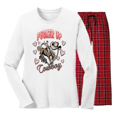 Pucker Up Cowboy Retro Groovy Howdy Valentines Cowboy Hat Women's Long Sleeve Flannel Pajama Set 