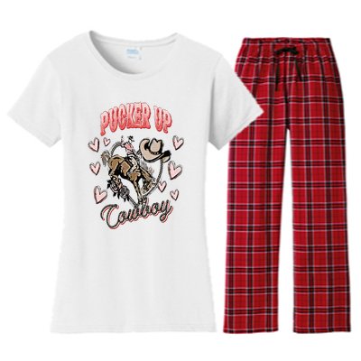 Pucker Up Cowboy Retro Groovy Howdy Valentines Cowboy Hat Women's Flannel Pajama Set