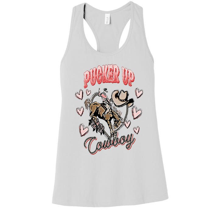 Pucker Up Cowboy Retro Groovy Howdy Valentines Cowboy Hat Women's Racerback Tank